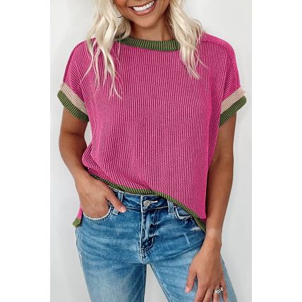 Rose Red Textured Contrast Trim Round Neck T Shirt