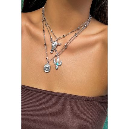 Silvery Western Steer Cactus Pendant Adjustable Multi Layer Necklace