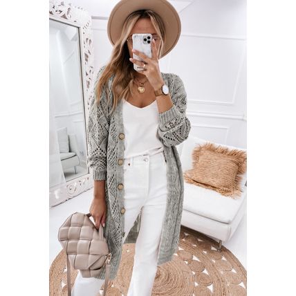 Gray Hollow-out Openwork Knit Cardigan