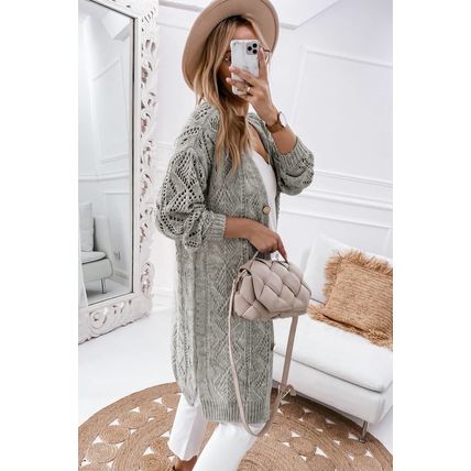 Gray Hollow-out Openwork Knit Cardigan