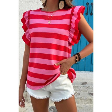 Red Stripe Flutter Sleeve Round Neck T Shirt