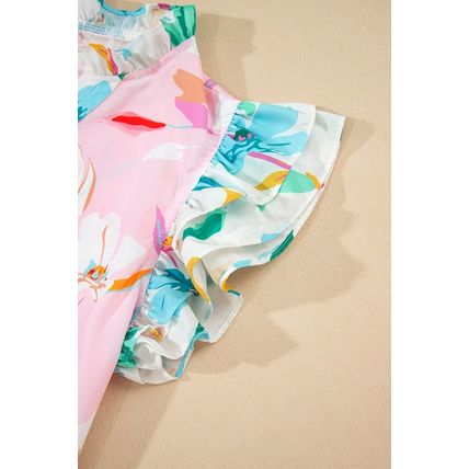 Multicolour Contrast Floral Patchwork Notched Neck Flutter Sleeve Blouse