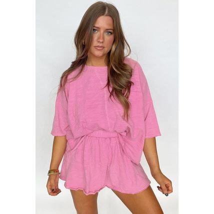 Sachet Pink Loose Fit Half Sleeve T Shirt and High Waist Skirt Set