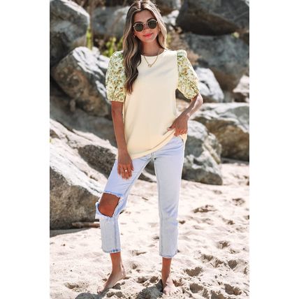 Beige Contrast Floral Bubble Sleeve Patchwork Ribbed Top