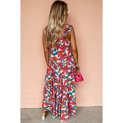 Red Boho Floral Ruffled Strap V Neck Maxi Dress