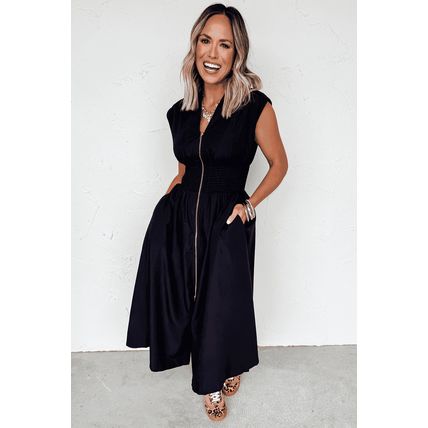 Black Sleeveless Zipped Front V Neck Shirred Waist Maxi Dress