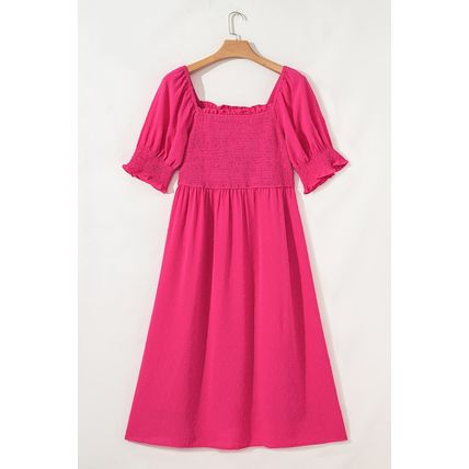 Sachet Pink Swiss Dot Smocked Frilled Neckline Short Sleeve Plus Size Dress