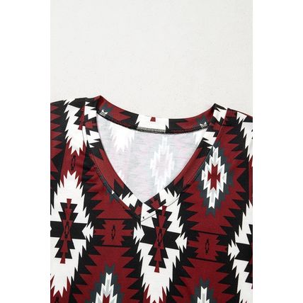 Red Western Aztec Printed Long T-shirt Dress