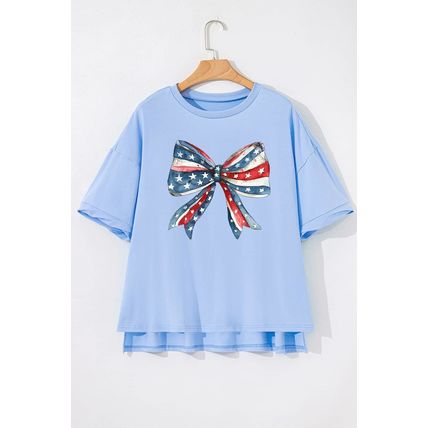 Myosotis July 4th Stars and Striped Bow Print Oversize Tee