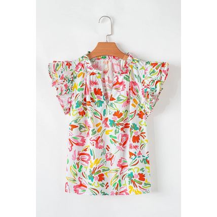 Multicolour Allover Floral Printed Flutter Sleeve Split Neck Blouse