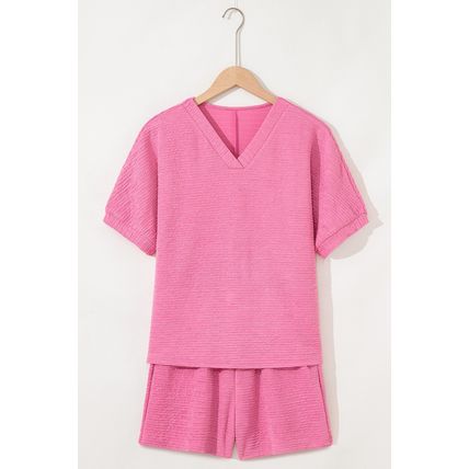 Pink Textured V Neck T Shirt and Shorts Set