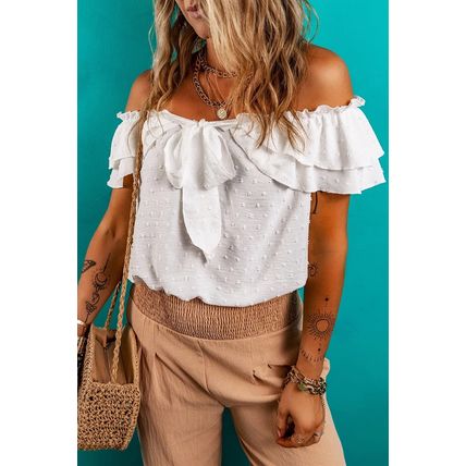 White Off Shoulder Ruffle Knotted Detail Swiss Dot Blouse