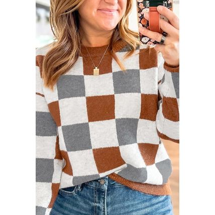 Brown Plus Size Checkered Crewneck Sweater