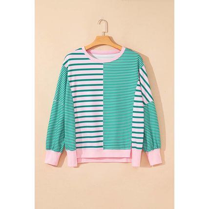 Green Stripe Mix Pattern Color Block Patchwork Side Slit Baggy Sweatshirt