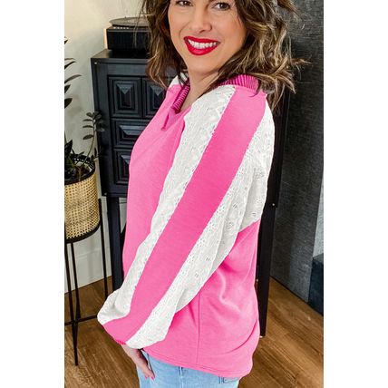 Bonbon Lace Striped Patchwork Long Sleeve Corded V Neck Plus Size Top