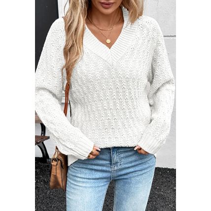 White Textured Knit Ribbed Edge V Neck Loose Sweater