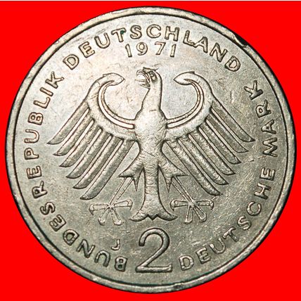 Ⰶ ADENAUER (1876-1967):GERMANY★2 MARKS 1971J I+A+r1 HAMBURG★LOW START★NO RESERVE