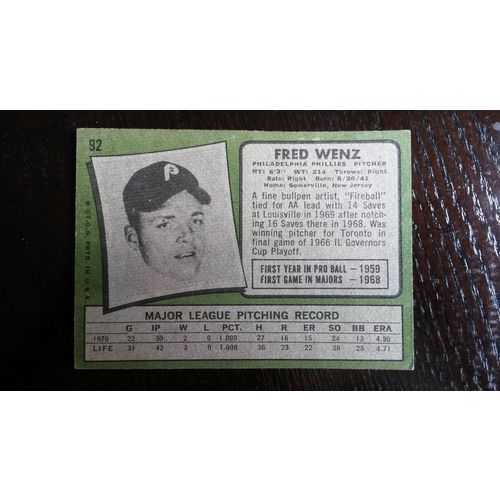 1971 Topps Card # 092 Fred Wenz Good (2) Philadelphia Phillies