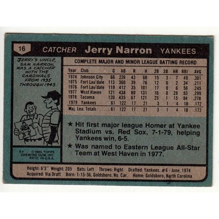 1980 Topps baseball card 16 Jerry Narron - Yankees