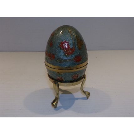 Vintage Brass Enamel Cloisonne Egg w/ Gatco Stand Trinket Box