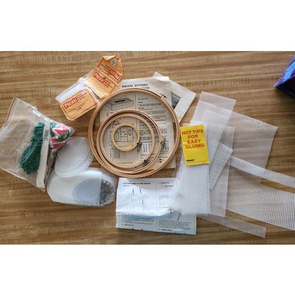 Lot of Plastic Canvas Wood Hoops For Crafts In Handmade Craft Bag New & Used