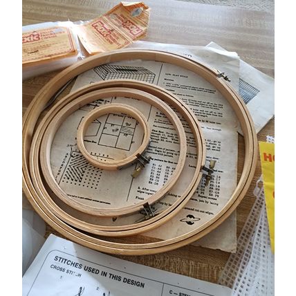 Lot of Plastic Canvas Wood Hoops For Crafts In Handmade Craft Bag New & Used