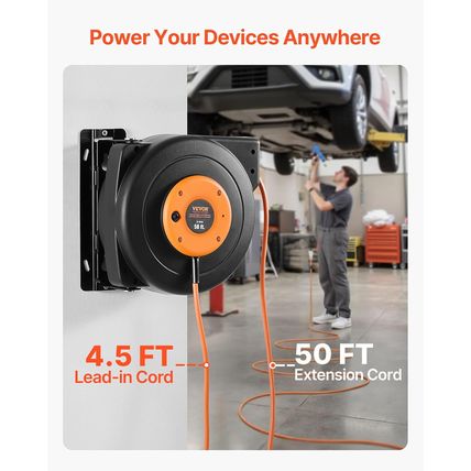 VEVOR Retractable Extension Cord Reel, 50 FT Heavy Duty 14AWG/3C SJTOW Power Cor
