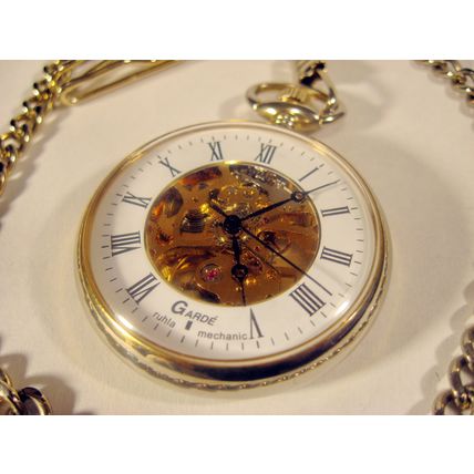 Vintage Germany Watch = Garde Ruhla = Skeleton Pocket Watch Gold Tone 1970's
