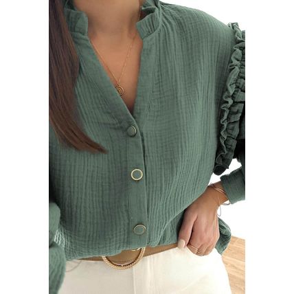 Green Frilled Split Neck Crinkled Shirt