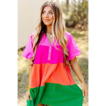 Multicolor Color Block Tiered Puff Sleeve Dress