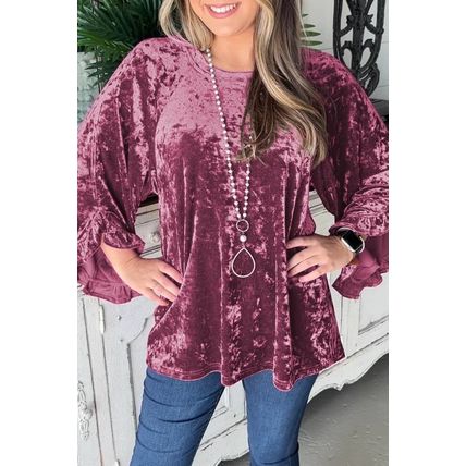 Red Dahlia Velvet Pagoda Sleeve Crew Neck Top