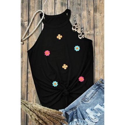 Black Sweet Floral Embroidery Casual Tank Top