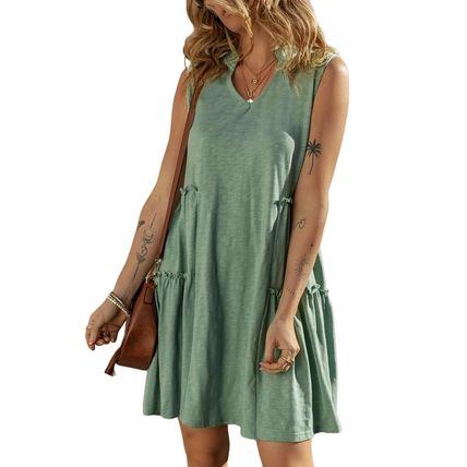 Moonlight Jade Split V Neck Tiered Flowy Sleeveless Dress