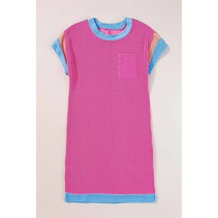 Rose Red Textured Colorblock Edge Patched Pocket T Shirt Dress