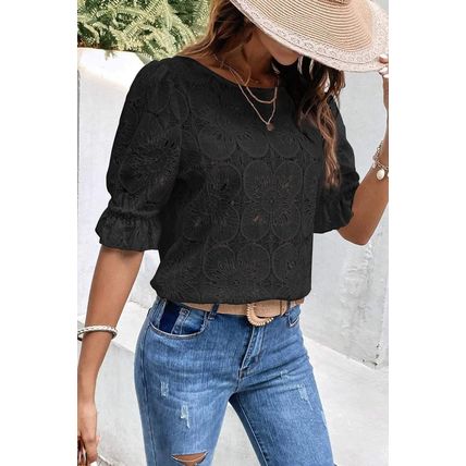 Black Flower Eyelet Jacquard Keyhole Flounce Sleeve Top