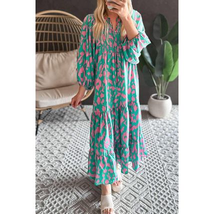 Green Abstract Print Puff Sleeve Tied Notched Neck Long Dress
