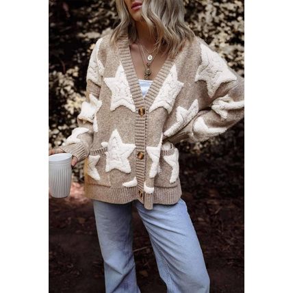 Khaki Sherpa Star Pattern Textured Sweater Cardigan with Pockets