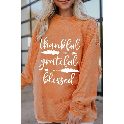 Orange thankful grateful blessed Arrow Graphic Corded Sweatshirt