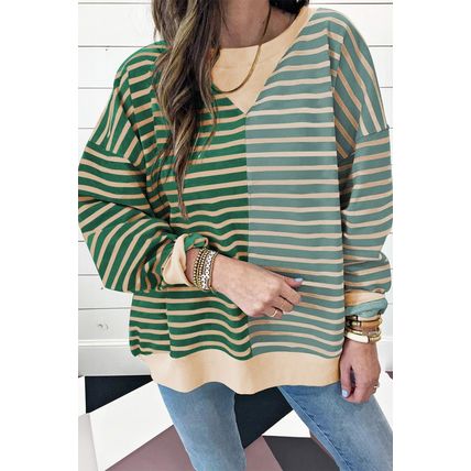 Green Stripe Casual Stripe Colorblock Drop Shoulder Oversize Sweatshirt
