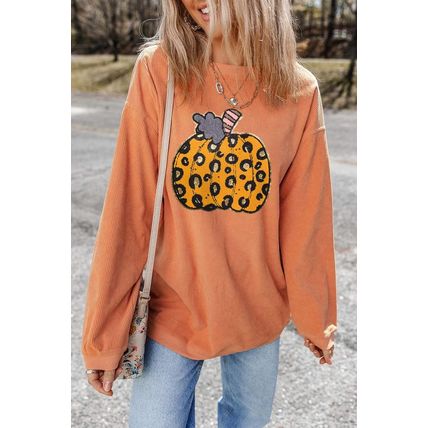 Orange Halloween Leopard Pumpkin Patchwork Ribbed Sweatshirt