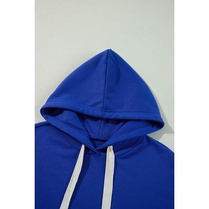 Dark Blue Solid Drop Shoulder Drawstring Cropped Hoodie