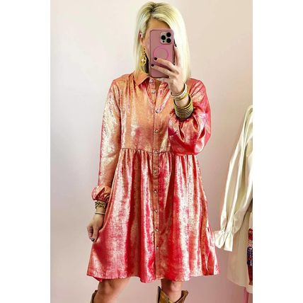 Peach Blossom Metallic Sheen Puff Sleeve Button Up Mini Shirt Dress