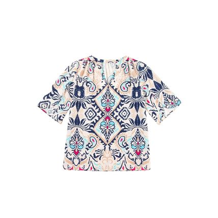 White Abstract Printed Notched V Neck Split Half Sleeve Blouse