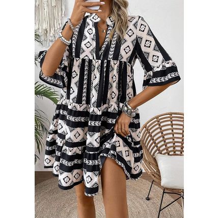 Black Geometric Print V Neck Ruffled Dress