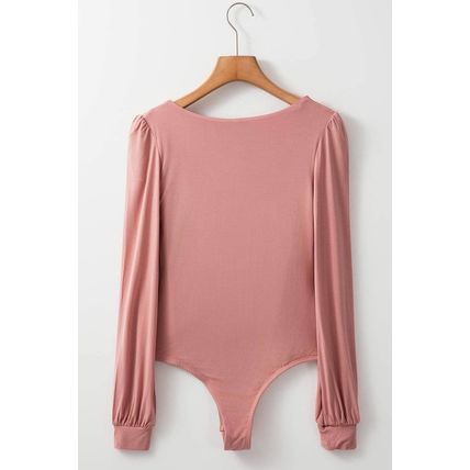 Fushia Plain V neck Long Sleeve Casual Bodysuit