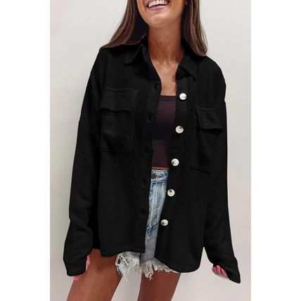 Black Solid Color Corduroy Buttoned Long Sleeve Shacket