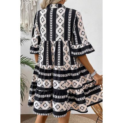 Black Geometric Print V Neck Ruffled Dress