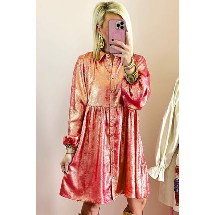 Peach Blossom Metallic Sheen Puff Sleeve Button Up Mini Shirt Dress