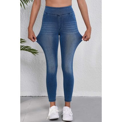 Navy Blue Skinny Elastic Waist Ankle Length Mid Waist Jeggings with Pockets