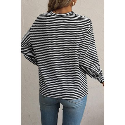Black Stripe Drop Shoulder Puff Long Sleeve O Neck Plus Size T Shirt